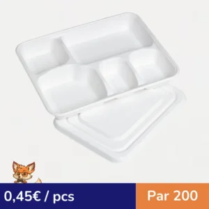 Plateau repas pulpe 5 compartiments avec couvercle  282x220mm H37,5mm (par 200)