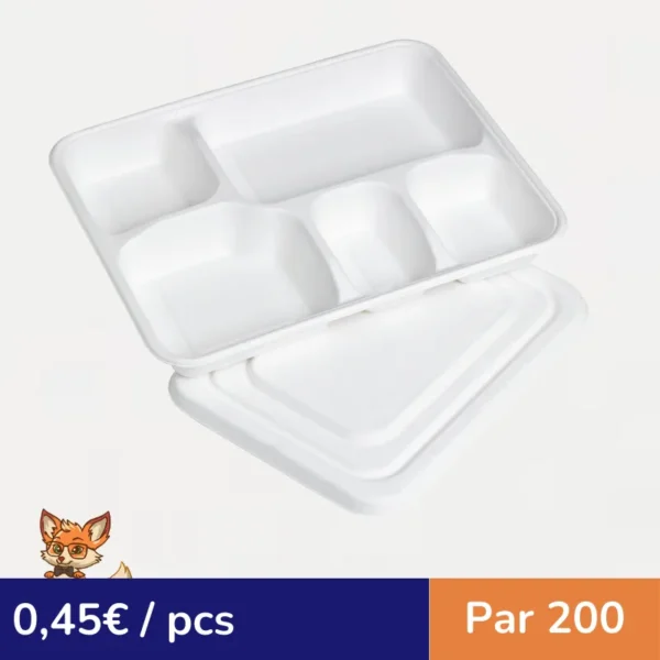 Plateau repas pulpe 5 compartiments avec couvercle  282x220mm H37,5mm (par 200)