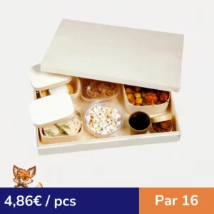 Plateau repas en bois complet avec couvercle et 4 contenants 180x130mm H55mm (par 16)