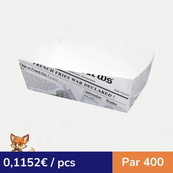 Barquette en carton décor journal  150x90mm H50mm 850ml (par 400)