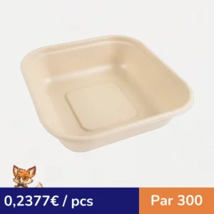 Barquette scellable pulpe rectangulaire brune laminée PLA  163x163mm H40mm 800ml (par 300)