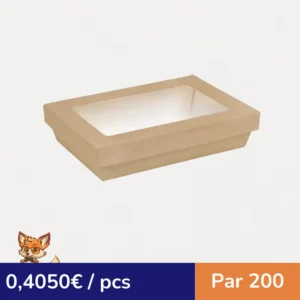 Boite "Kray" rectangulaire carton brun avec couvercle à fenêtre PLA  225x155mm H50mm 1500ml (par 200)