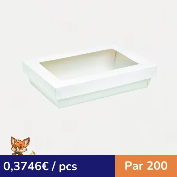 Boite "Kray" rectangulaire carton blanc avec couvercle à fenêtre  225x155mm H50mm 1500ml (par 200)