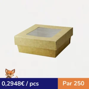Boite "Kray" carrée carton brun avec couvercle à fenêtre  135x135mm H50mm 700ml (par 250)