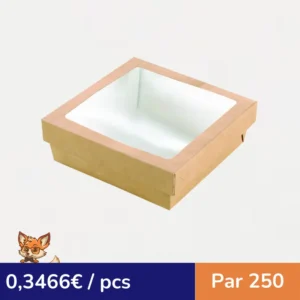 Boite "Kray" carrée carton brun avec couvercle à fenêtre  155x155mm H50mm 950ml (par 250)