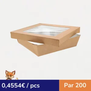 Boite "Kray" carrée carton brun avec couvercle à fenêtre  205x205mm H50mm 1 550ml (par 200)