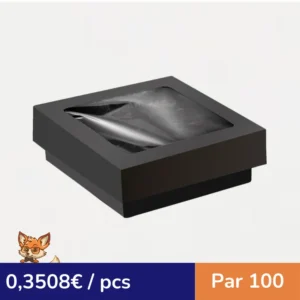 Boîte "Kray" carrée carton noir avec couvercle à fenêtre 115x115mm H40mm 410ml (par 100)