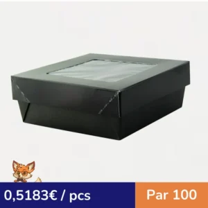 Boîte "Kray" carrée carton noir avec couvercle à fenêtre 135x135mm H50mm 700ml (par 100)