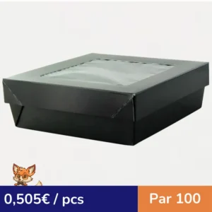 Boîte "Kray" carrée carton noir avec couvercle à fenêtre 155x155mm H50mm 950ml (par 100)