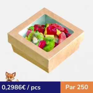 Boite "Kray" carrée carton brun avec couvercle à fenêtre en PLA  135x135mm H50mm 700ml (par 250)