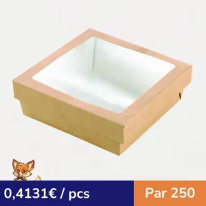 Boite "Kray" carrée carton brun avec couvercle à fenêtre en PLA  155x155mm H50mm 900ml (par 250)