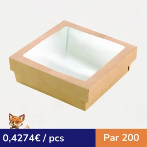 Boite "Kray" carrée carton brun avec couvercle à fenêtre en PLA  205x205mm H40mm 1300ml (par 200)