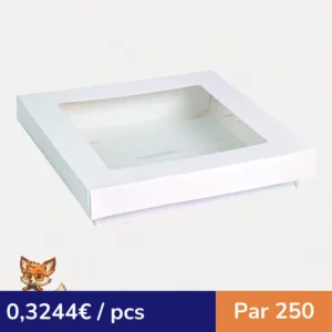 Boite "Kray" carrée carton blanc avec couvercle à fenêtre en PLA  155x155mm H50mm 900ml (par 250)