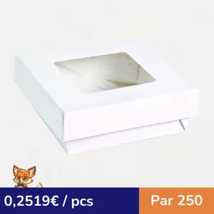 Boite "Kray" carrée carton blanc avec couvercle à fenêtre  135x135mm H50mm 700ml (par 250)