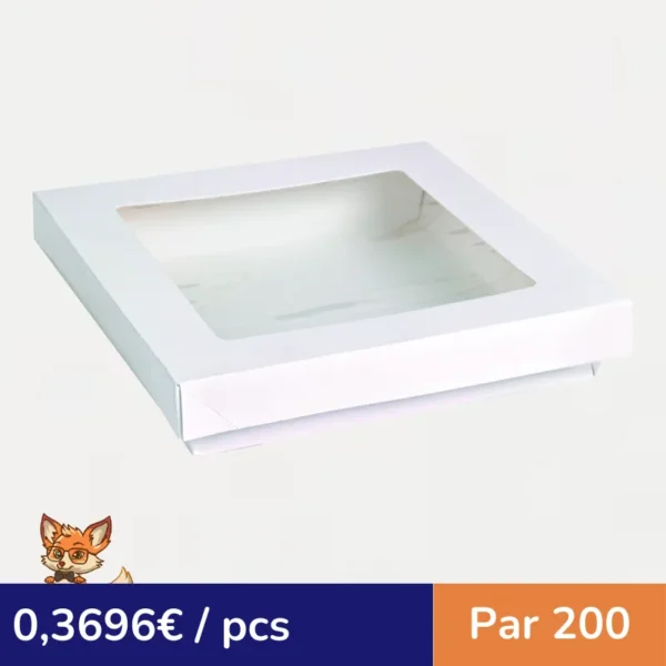 Boite "Kray" carrée carton blanc avec couvercle à fenêtre  205x205mm H40mm 1450ml (par 200)